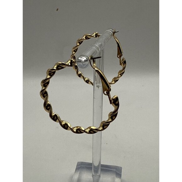 Twisted Gold Tone Hoop Earrings With Latch Back Closure Lightweight Elegant - Picture 5 of 5